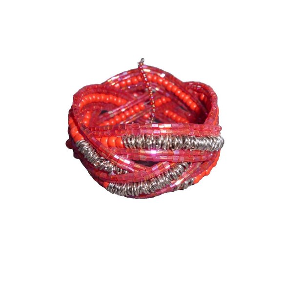 Silver Tone Pink Red Beaded Wired Clasp Bracelet Vintage One Size Fits Most - Picture 1 of 4